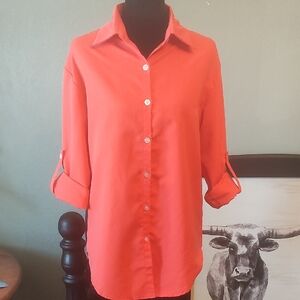 Classic Button-Up Shirt With Tab Sleeves, Coral. Medium Fit